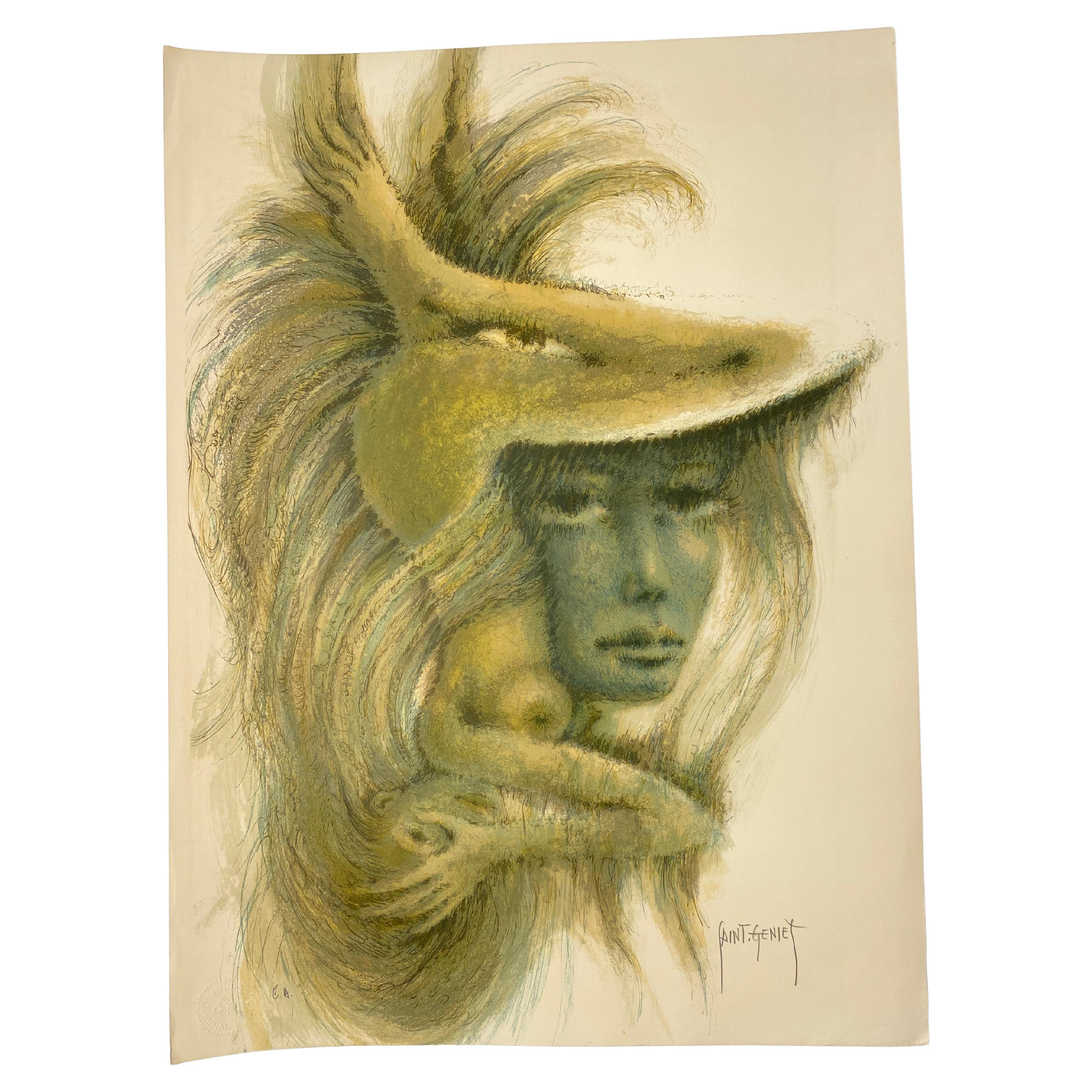 Original French Color Lithograph of Two Women by FRANCIS de LASSUS SAINT-GENIES For Sale