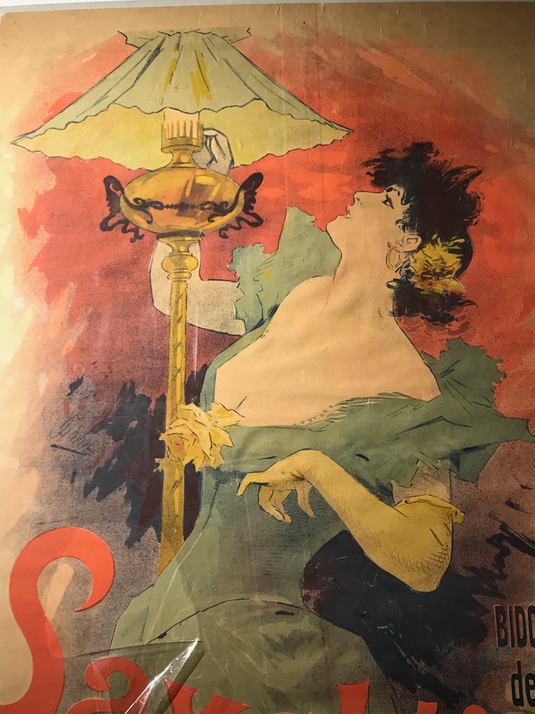 Vintage original French Art Nouveau color lithograph poster for Saxoléïne by Jules Chéret, 1892. Featuring Jules floor lamp model. 

Catalogue raisonné : Broido, 