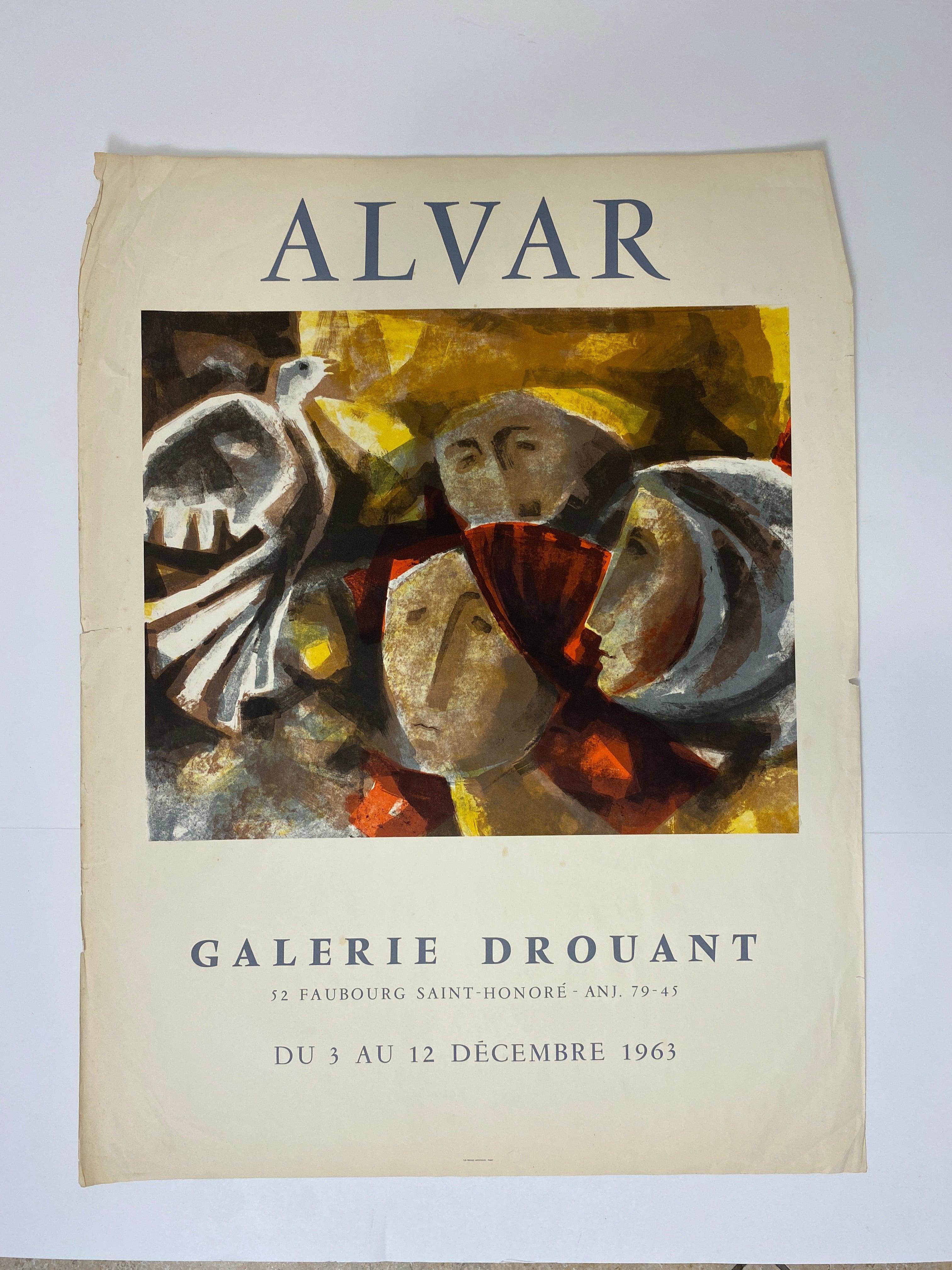 Este original cartel de exposición de arte, presentado por la Galería Drouant de París, muestra un diseño figurativo cubista vibrante y dinámico. Una auténtica obra maestra de la modernidad de mediados de siglo, rebosa de colores atrevidos que