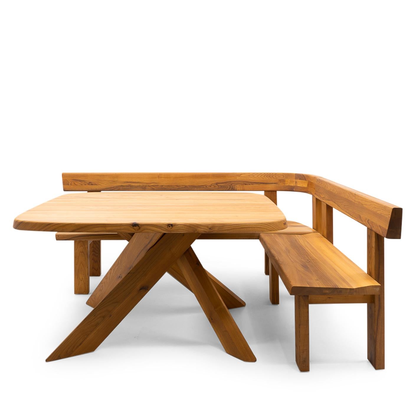 Vintage Pierre Chapo S35 “Banc à dos droit” or Straight-back bench executed in French elm combined with the T35 “Aban” dining table.

As with all furniture by Chapo, this piece shows excellent craftsmanship, is constructed in solid wood and was made