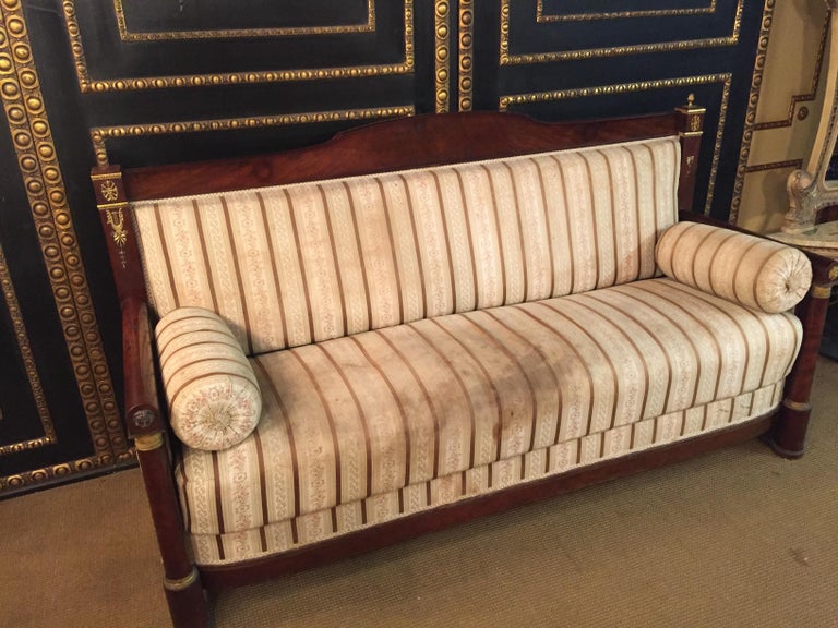 Original antique French Empire Sofa Mahogany veneer with Columns For Sale at 1stDibs
