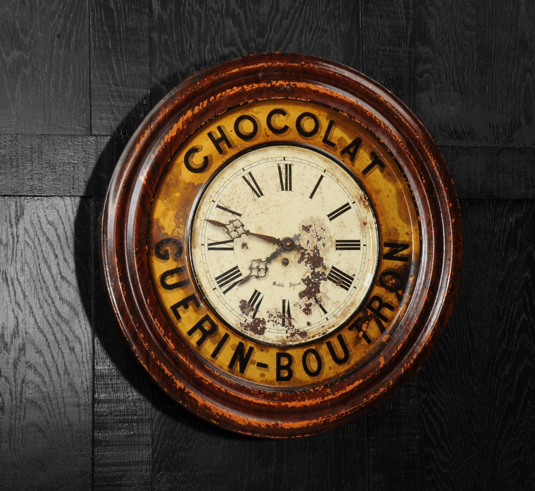 Original French Guerin Boutron Chocolate Advertising Wall Clock, Fully Working In Distressed Condition For Sale In Belper, Derbyshire