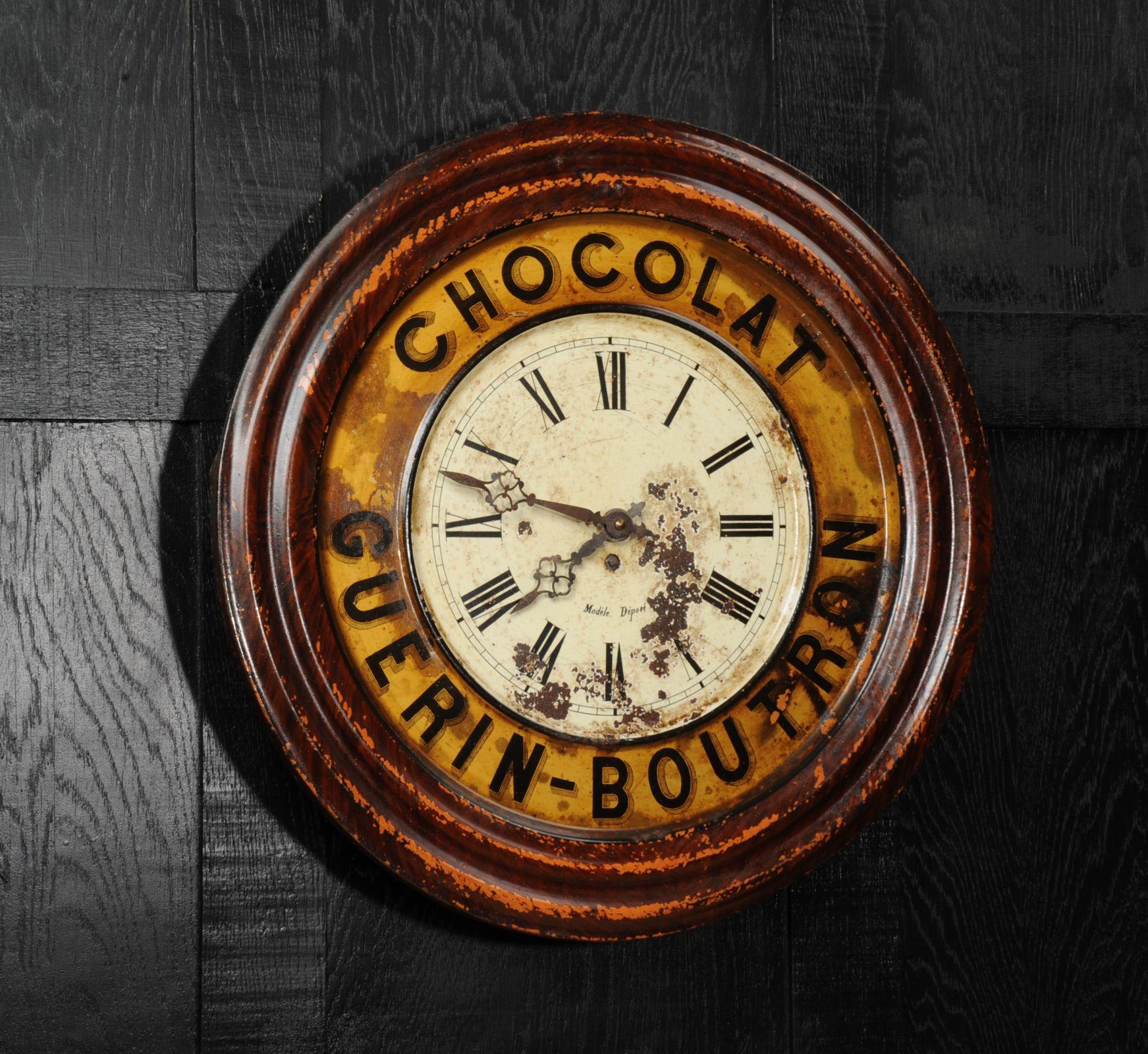 Metallo Orologio da parete originale francese Guerin Boutron per la pubblicità del cioccolato, perfettamente funzionante in vendita