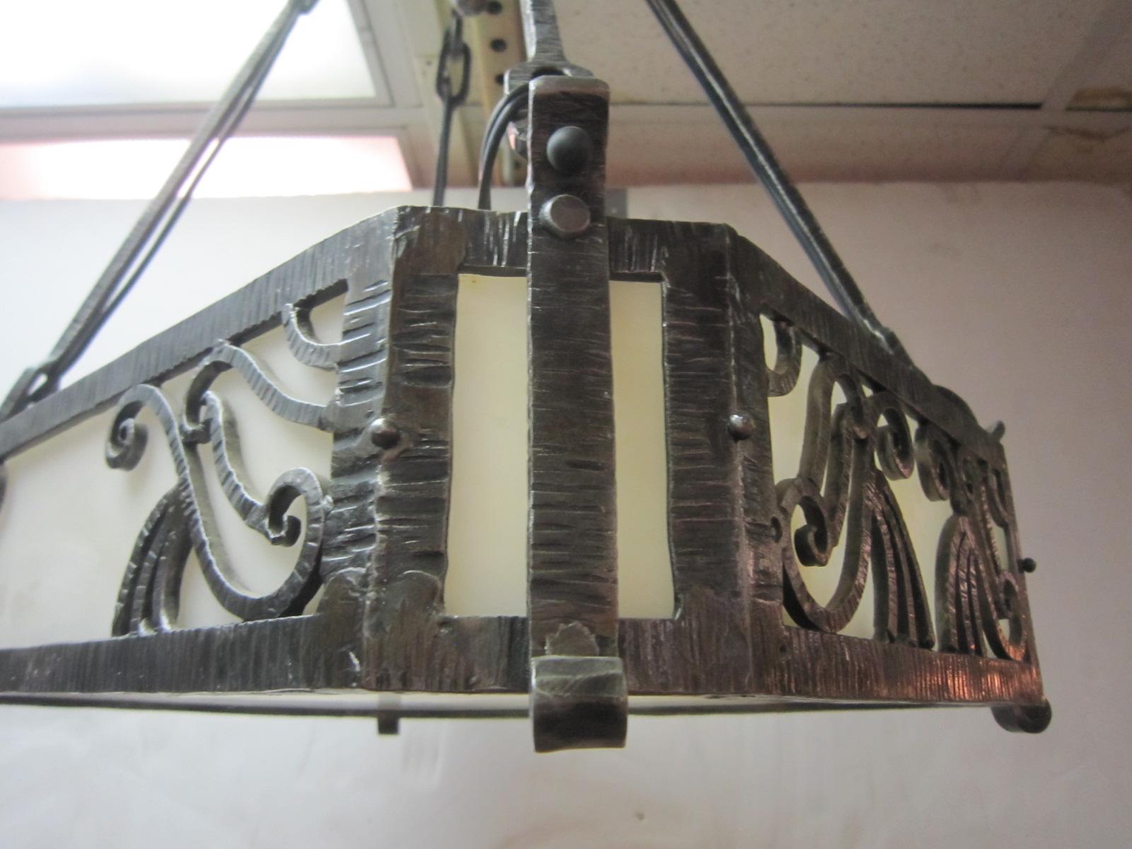 Original French hand hammered iron and alabaster rectangular chandelier- Schenck 6