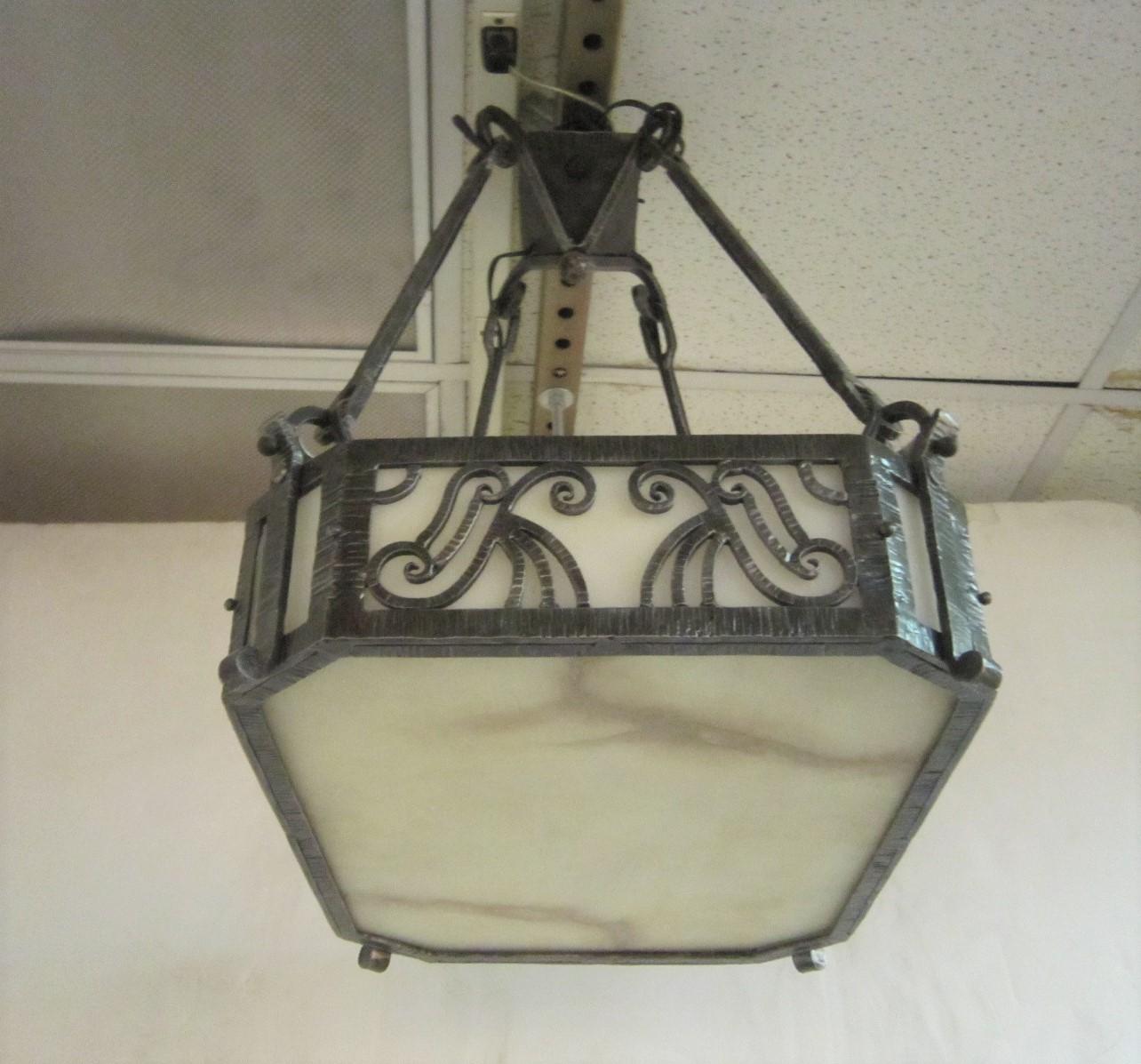 Original French hand hammered iron and alabaster rectangular chandelier- Schenck 8