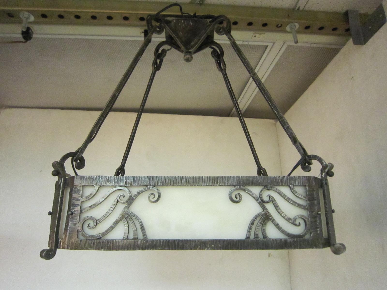 Original French hand hammered iron and alabaster rectangular chandelier- Schenck In Good Condition In New York City, NY