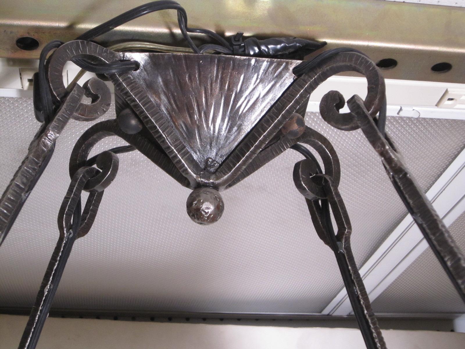 20th Century Original French hand hammered iron and alabaster rectangular chandelier- Schenck