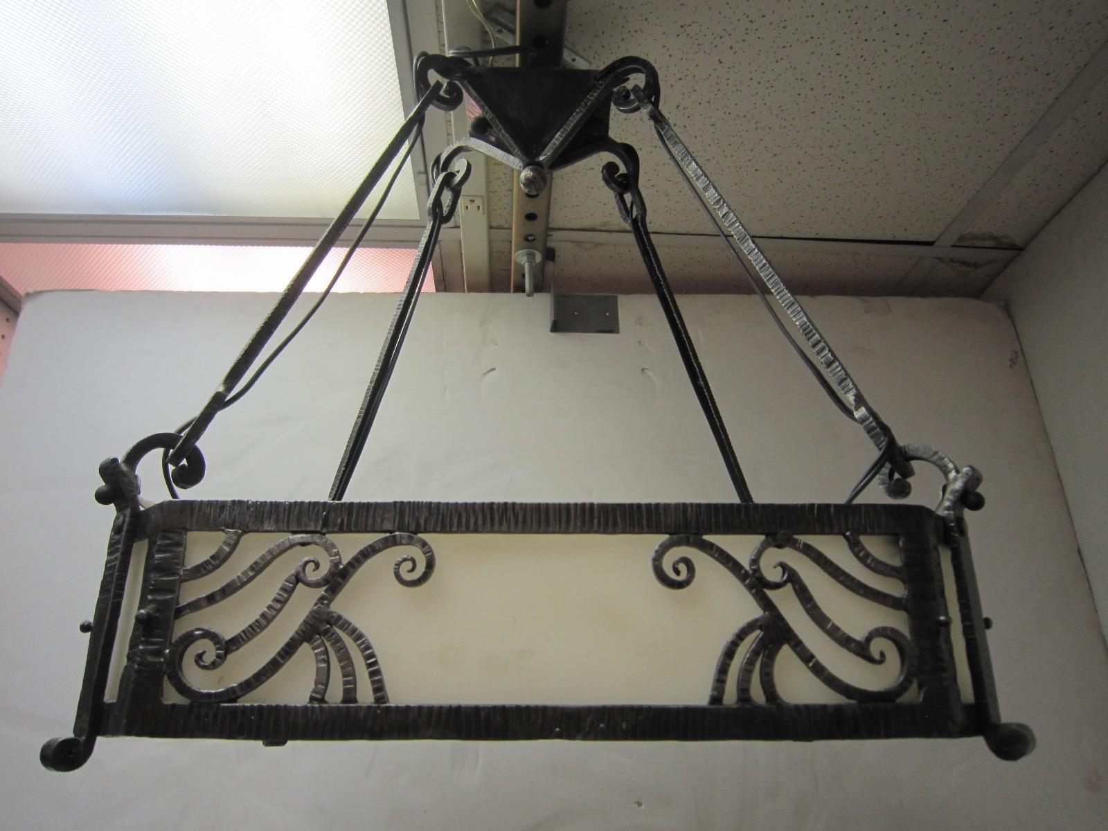 Original French hand hammered iron and alabaster rectangular chandelier- Schenck 1