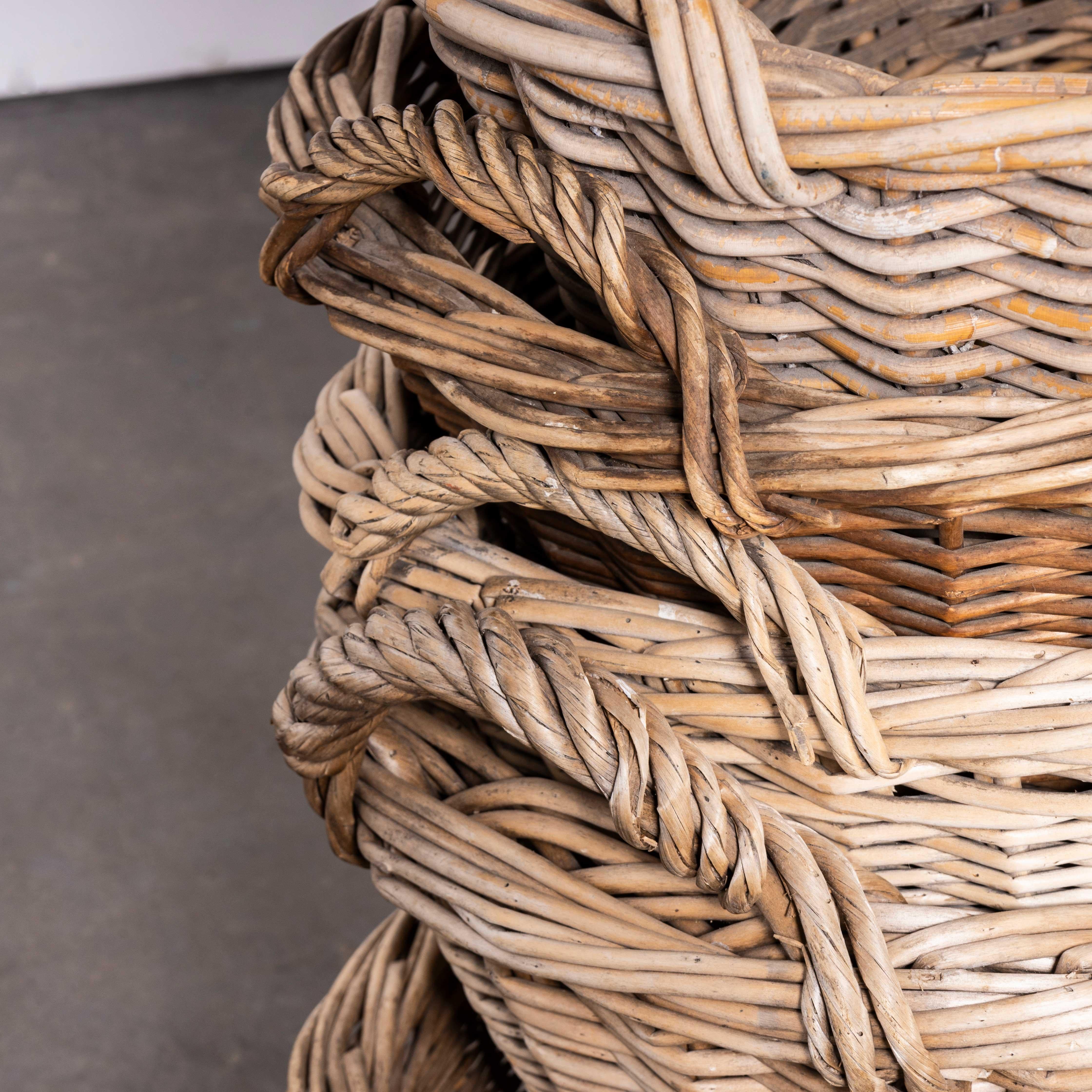 Original French Handmade Oval Willow Baskets
Original French Handmade Willow Baskets. Good honest French baskets, we have a number available. Largest size 76cm long, 52cm wide, 40cm high. Smallest basket is almost round at 48cm width.

WORKSHOP