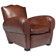 Vintage Original French Leather Moustache Back Club Chair, circa 1940