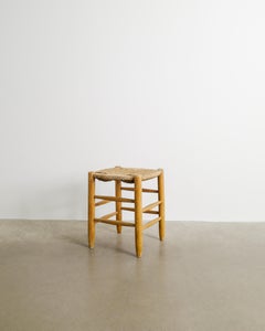 Original French Mid Century N17 Wooden & Straw Stool by Charlotte Perriand 1960s