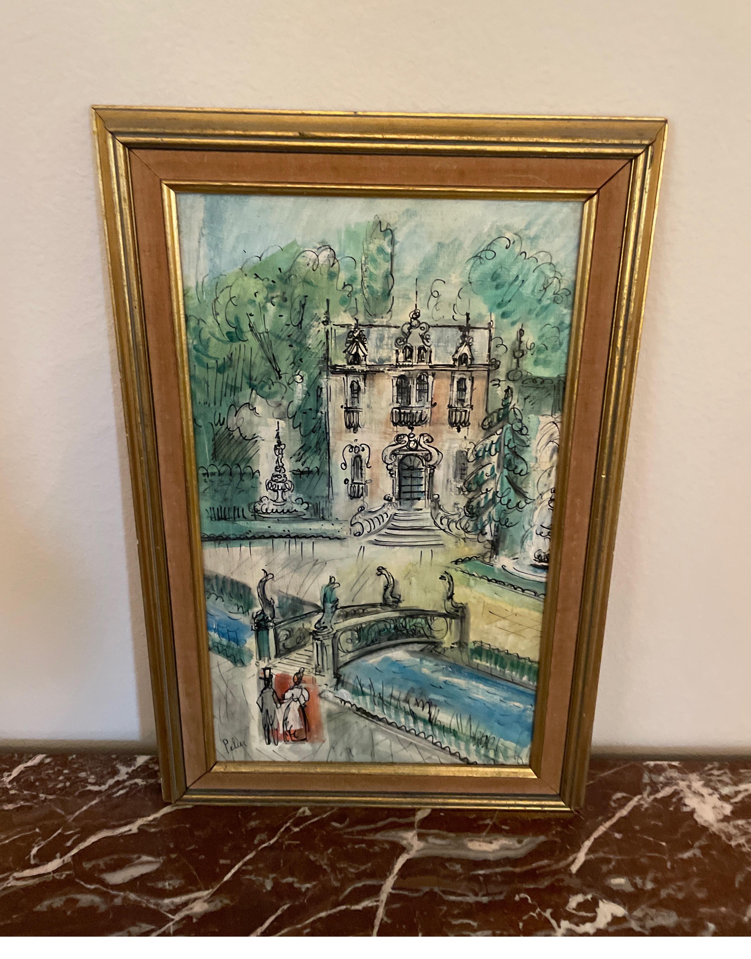 Wunderschönes Original-Ölgemälde eines französischen Schlosses mit einem Paar im Vordergrund, das gerade eine Brücke überquert. Gemalt im Stil von Dufy. Die Unterschrift lautet Pelier, was ein Deckname für Charles Cobelle ist.