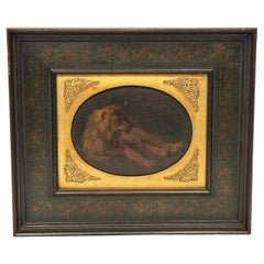 Original, French Painting of a Recumbent Lion