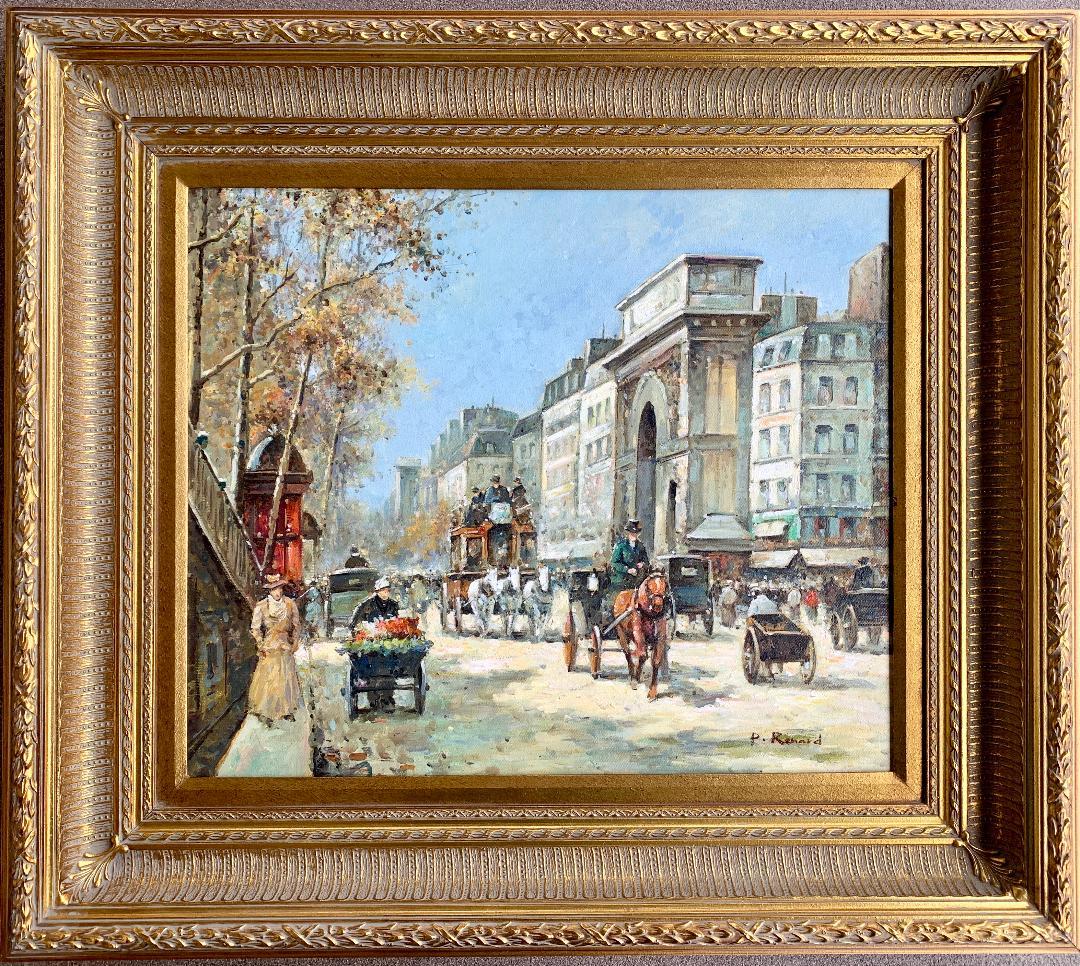 Very illuminating, impressionistic style, original oil painting on canvas by listed, deceased French artist, Paul Renard (1941-1997), depicts a busy Paris street scene in autumn, the hustle and bustle of life on the famous Place de l'Etoile (now