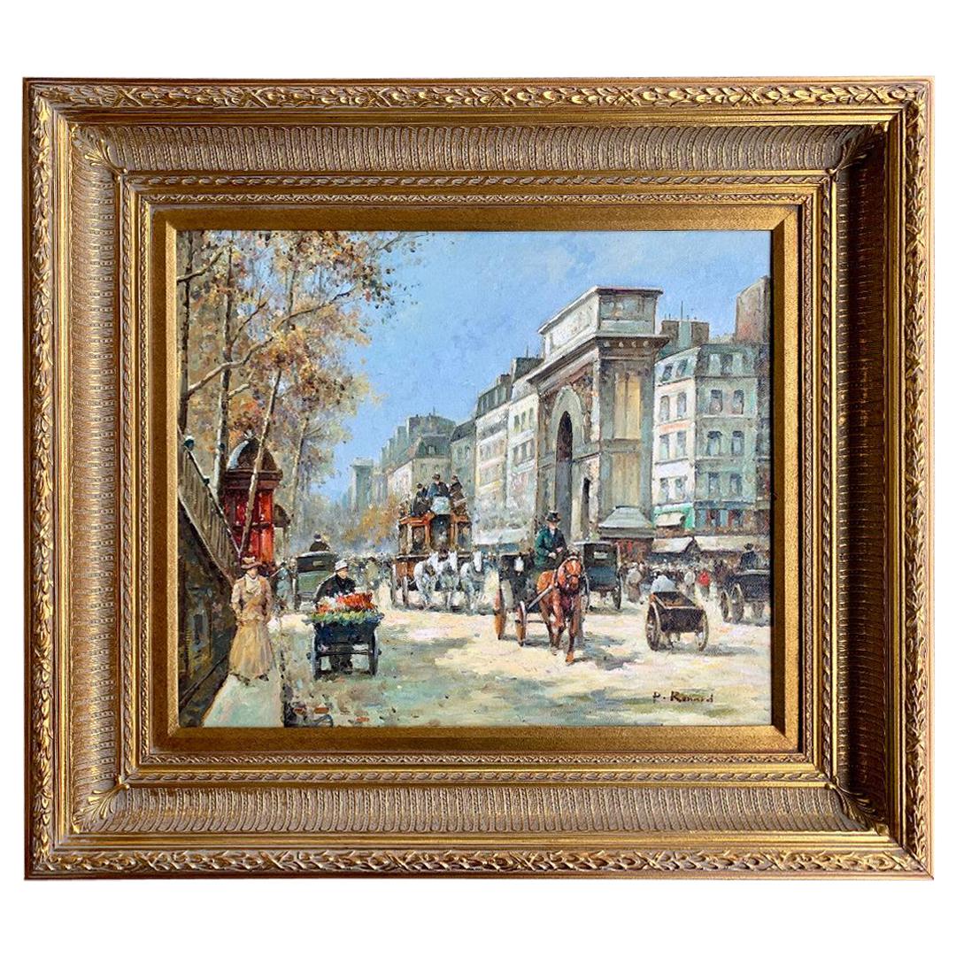 Original French Paul Renard Painting of a Bustling Paris Street Scene in Autumn