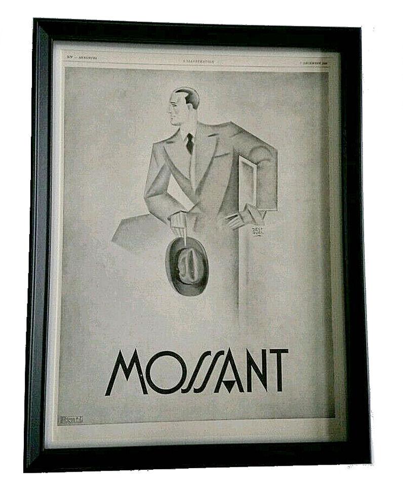 This is an original Advert for Mossant Hats, circa 1929 a French hat firm from the 1920s-1930s. Newly framed in a black wooden frame with glass front, pictured without glass to avoid glare. These prints look awesome and are a great size that will