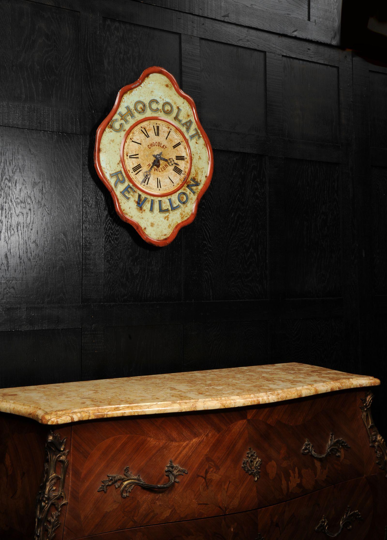 Original French Revillon Chocolate Advertising Wall Clock, Fully Working In Distressed Condition In Belper, Derbyshire