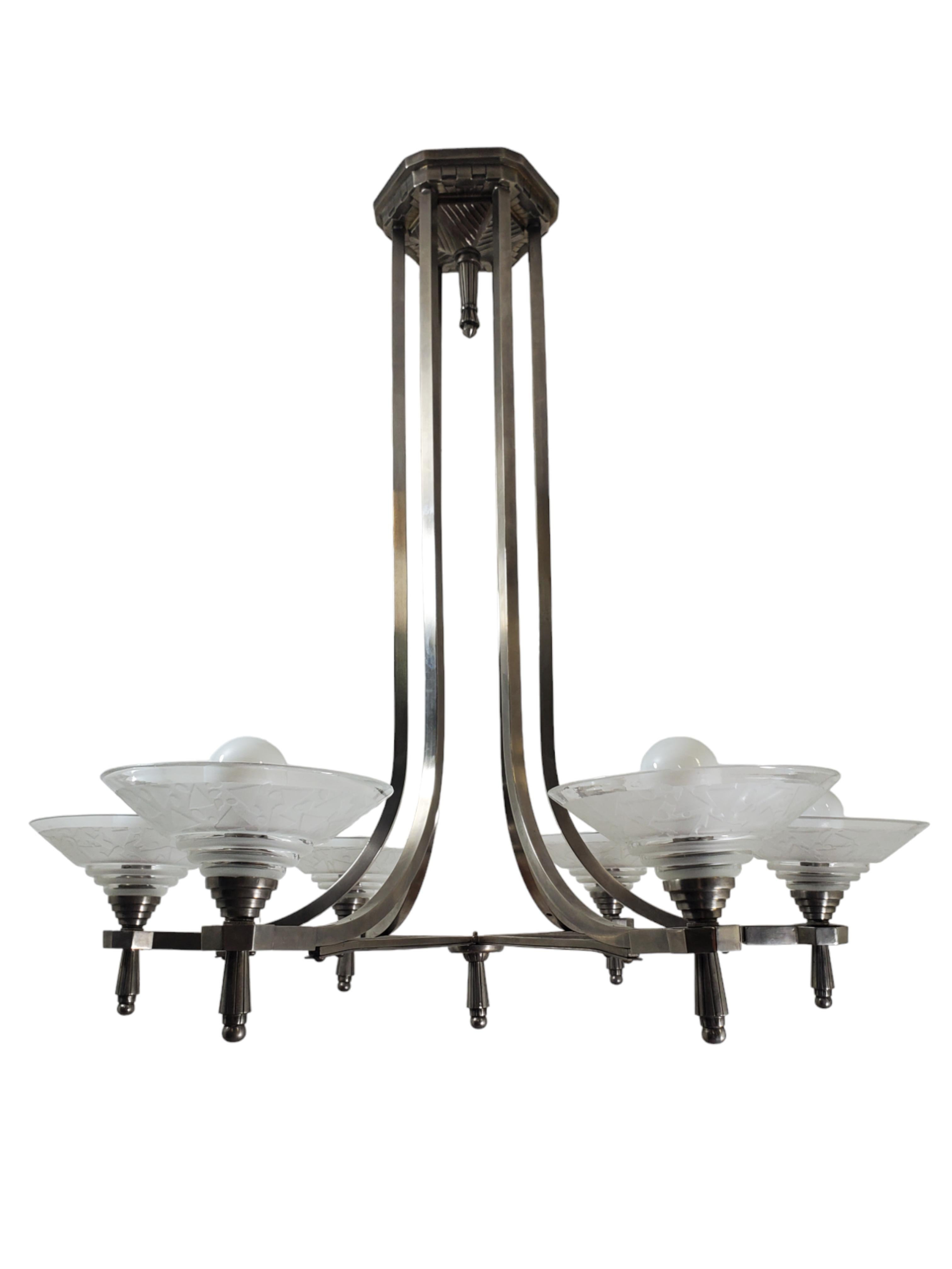 Original French six arm nickel bronze chandelier w/etched frosted art glass cups 10