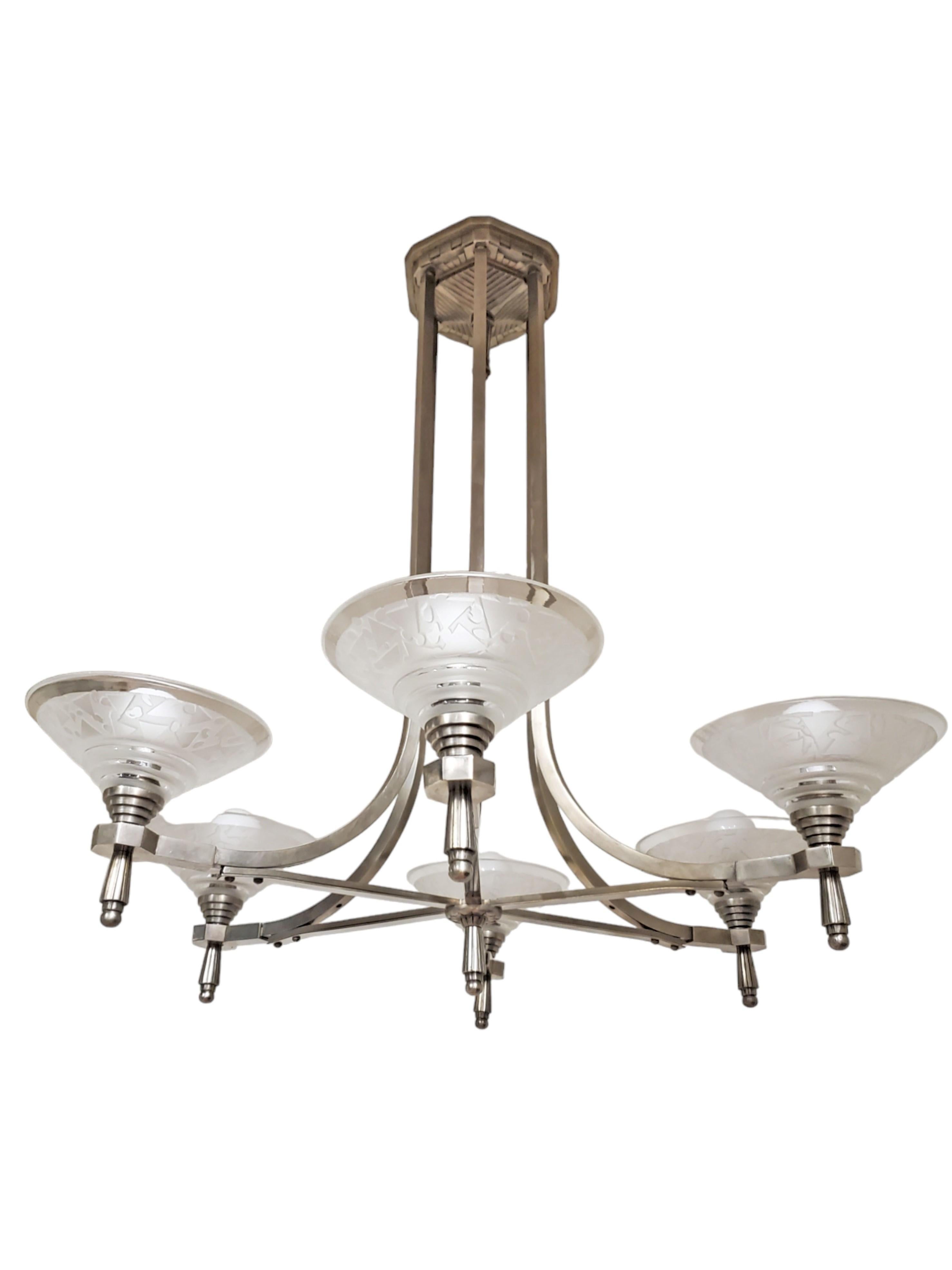 Mid-Century Modern Original French six arm nickel bronze chandelier w/etched frosted art glass cups