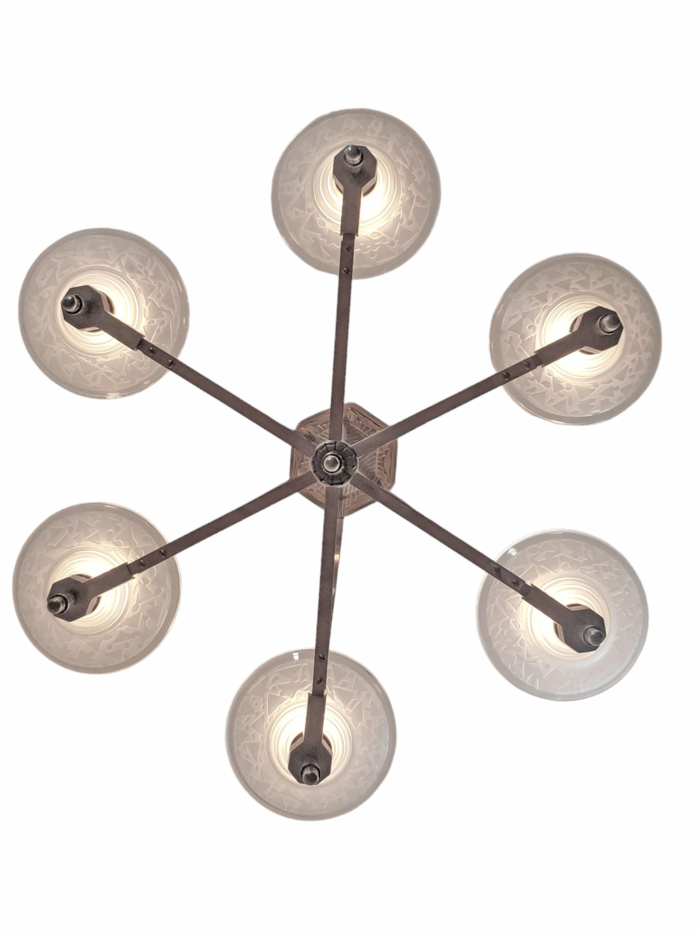 20th Century Original French six arm nickel bronze chandelier w/etched frosted art glass cups