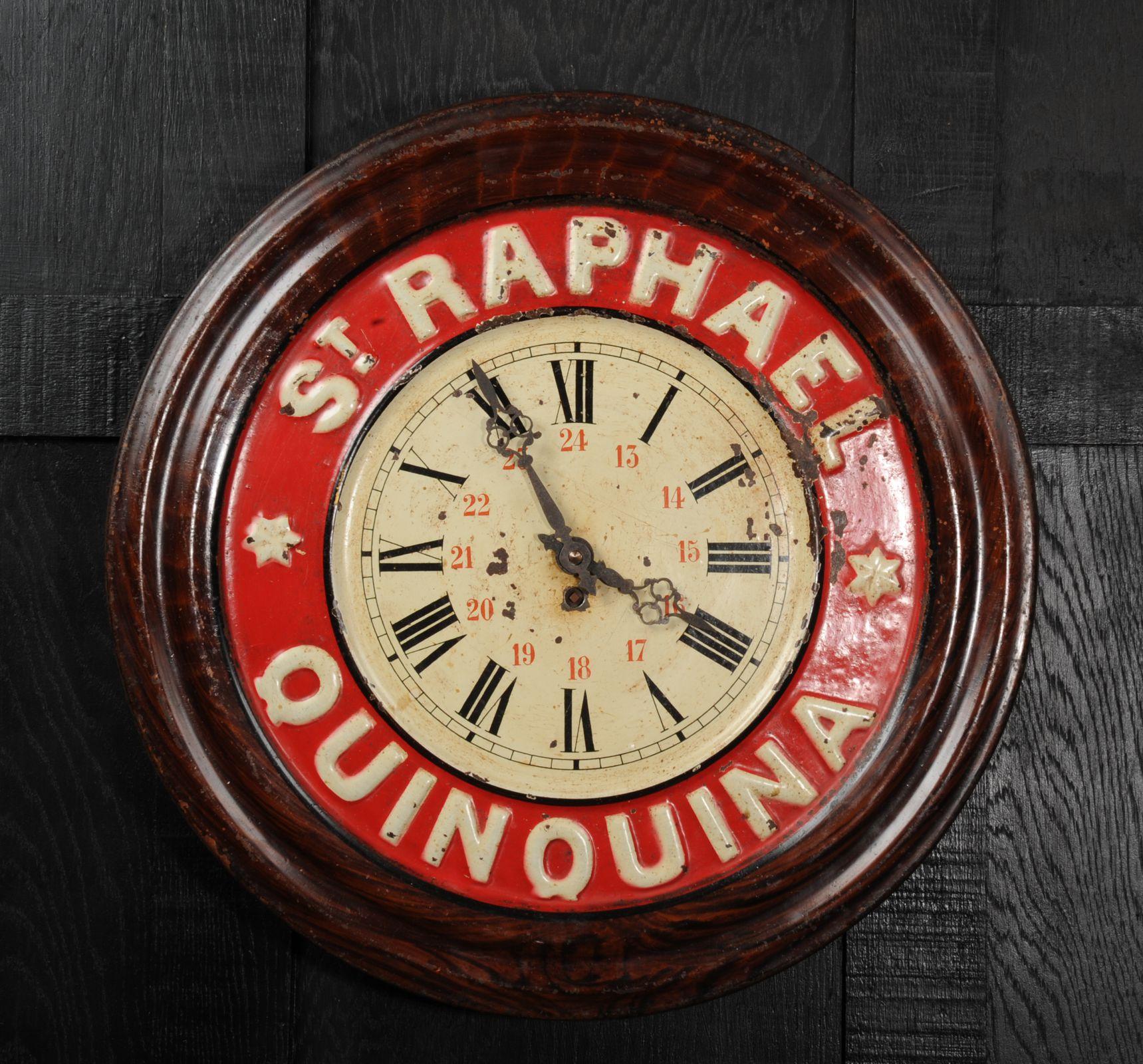 A wonderful original Saint Raphaël tole advertising clock, circa 1920. Found by our buyer in a long derelict French bar it has been worn by years of neglect with a wonderful patina of paint loss and rust. 

Originally a mechanical movement by the