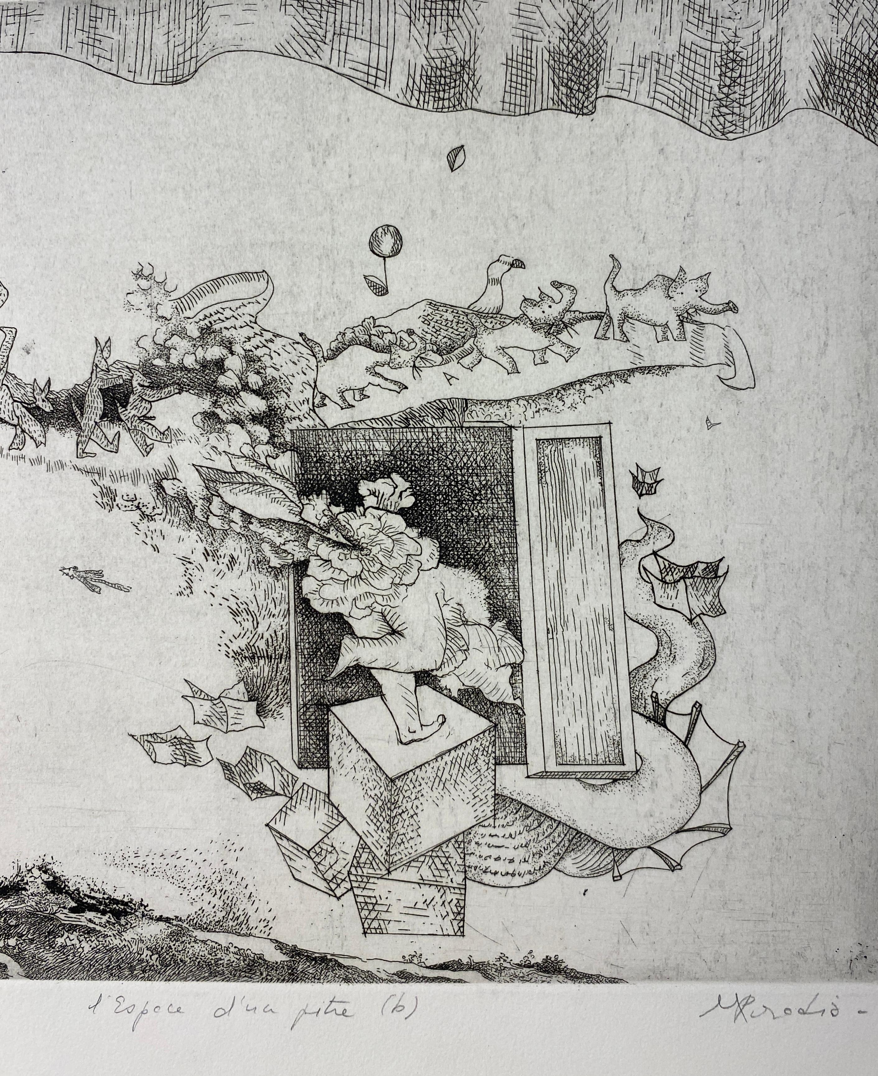 Surrealist Safari: Original French Engraving Print

This captivating French Surrealist black and white engraving print, transports you to a dreamlike world where elephants and other animals march in an unexpected procession. The intricate details