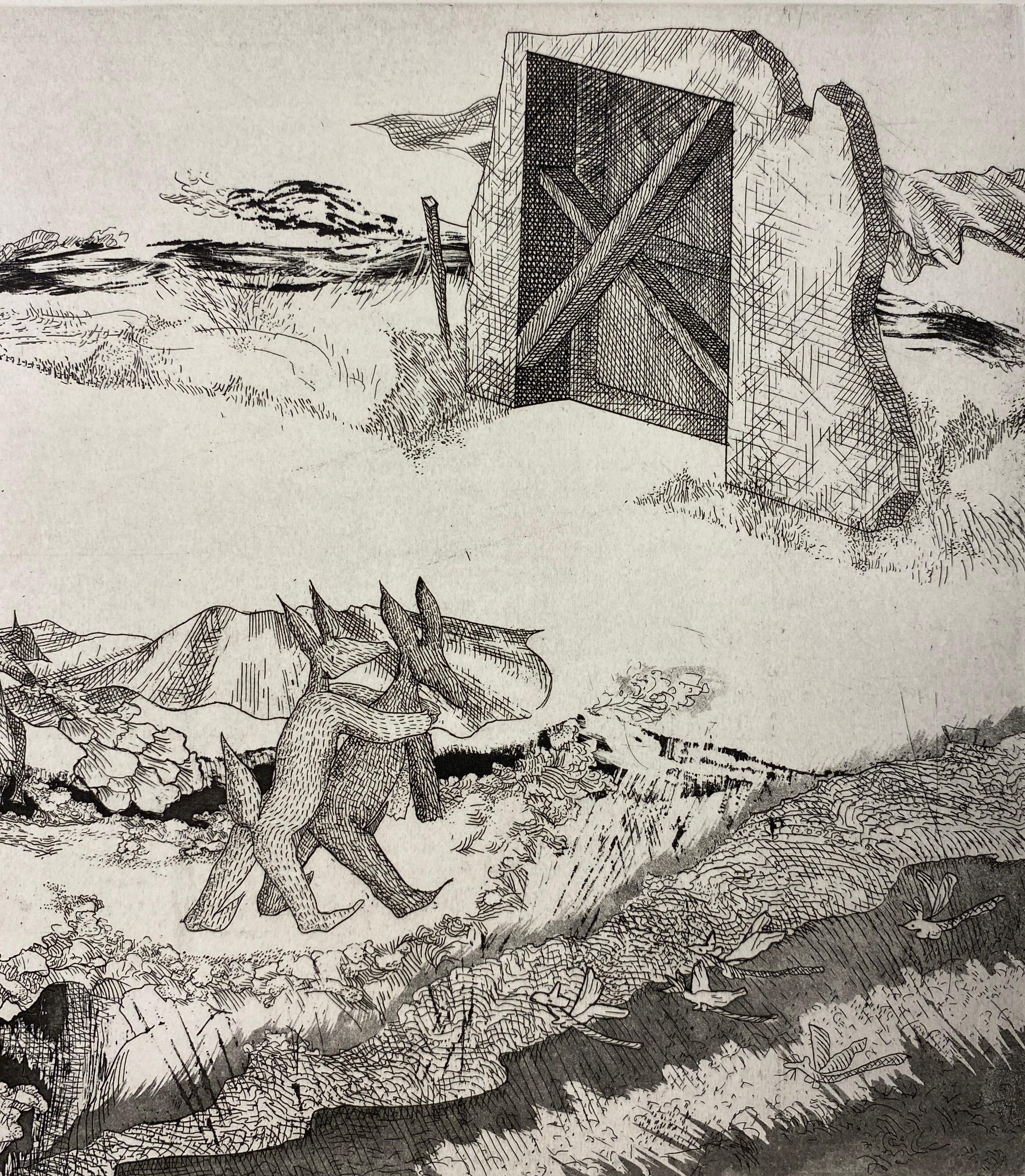 Surrealist French Black and White Engraving Print

This captivating original French Surrealist black and white engraving print, transports you to a dreamlike world where animals march in an unexpected procession. The intricate details and stark