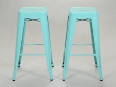 Original French Tolix Cyan Blue Powder-Coated Steel Bar Stools - Set of (2)