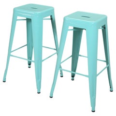 Original French Tolix Cyan Blue Powder-Coated Steel Bar Stools - Set of (2)
