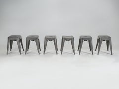 Original French Tolix Glossy Dark Grey Welded Steel Stacking Stools - Set of (6)