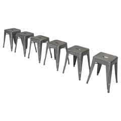 Taburetes apilables originales franceses Tolix de acero soldado gris oscuro brillante - Juego de (6)