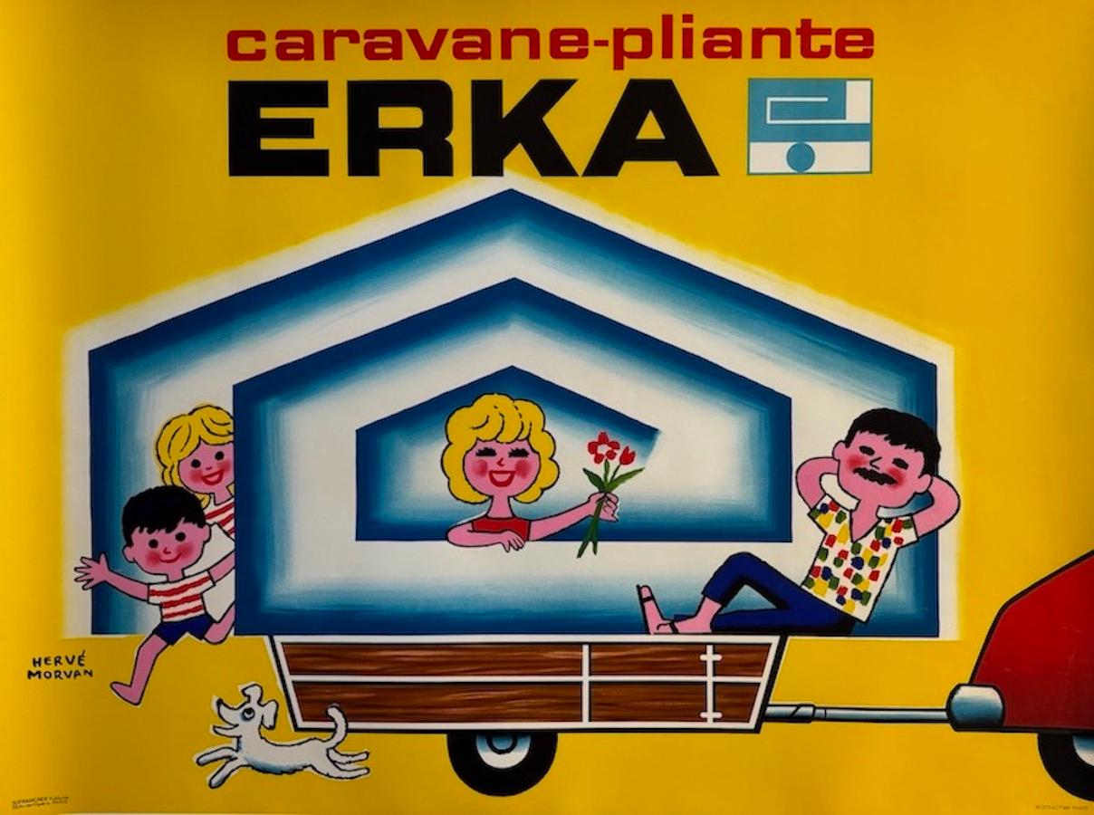 Caravane-Pliante Erka was a style of portable tent which could be transported by folding up and attached to the back of a car. The tent itself mimicked the shape of a small house. This is the perfect poster for any family that likes to go