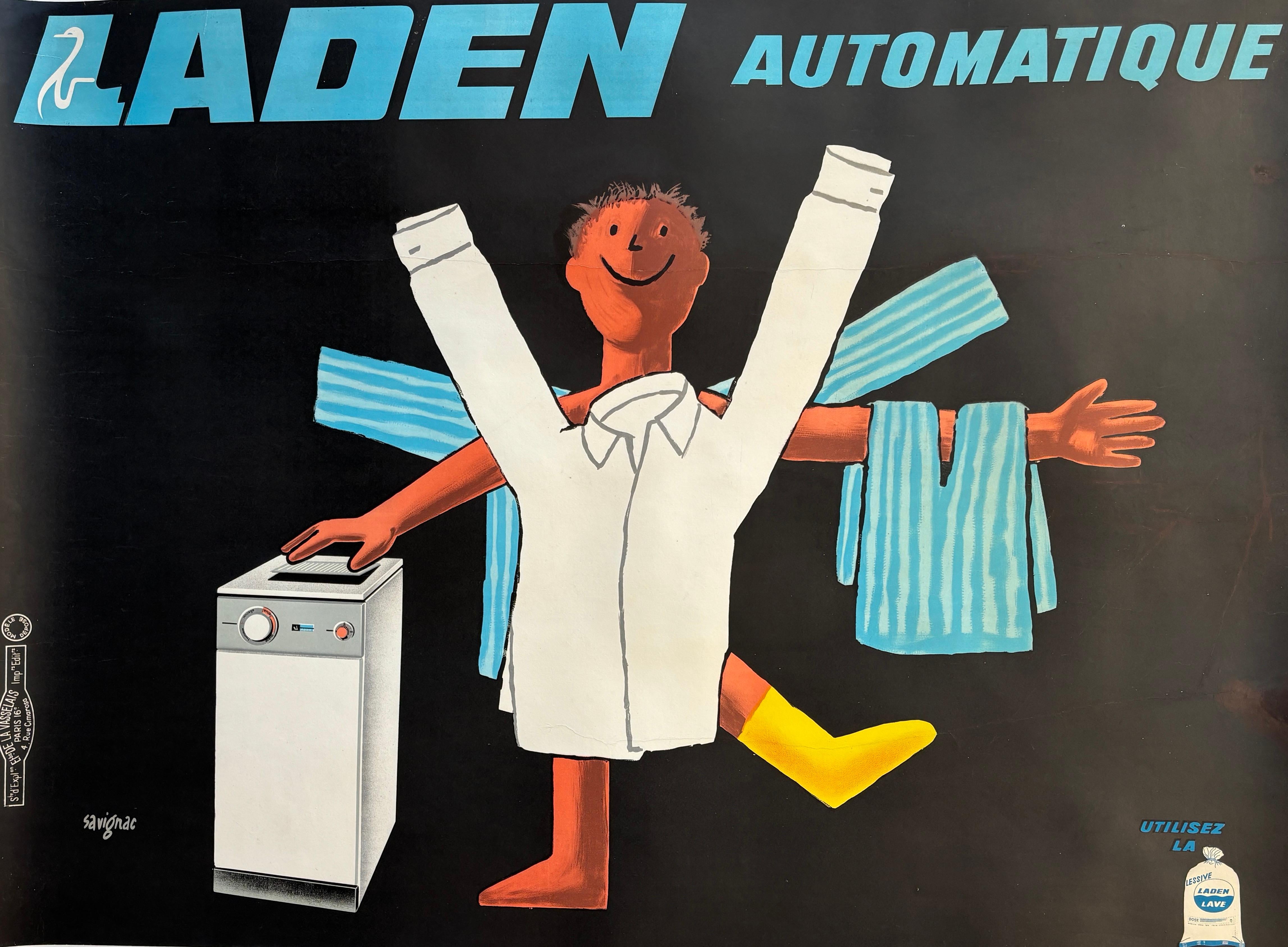 Original Vintage Poster for Savignac Laden Automatique. An advertisement designed in 1966 by Raymond Savignac.

Raymond Savignac was one of France's most iconic and influential poster artists. This poster is advertising the washing machine brand,