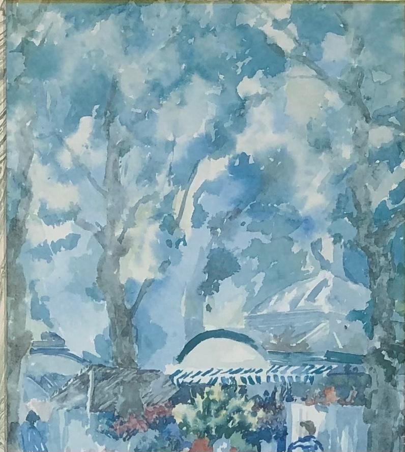 Pintura original de paisaje urbano y arte figurativo en acuarela. Esta encantadora pieza tiene colores muy vivos, representa la Marche de Fleurs en Niza, Francia. 

Una decoración mural muy bonita y colorida, firmada por el artista Pierre Jean