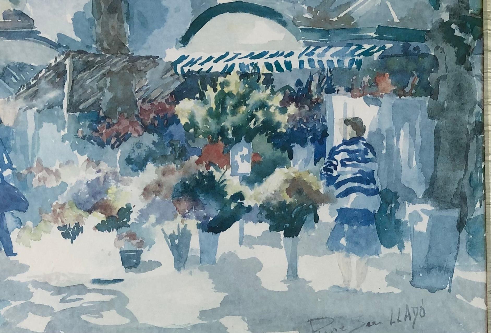 Acuarela francesa firmada Pierre Jean Llado  Marche de Fleurs Niza en Bueno estado para la venta en Miami, FL
