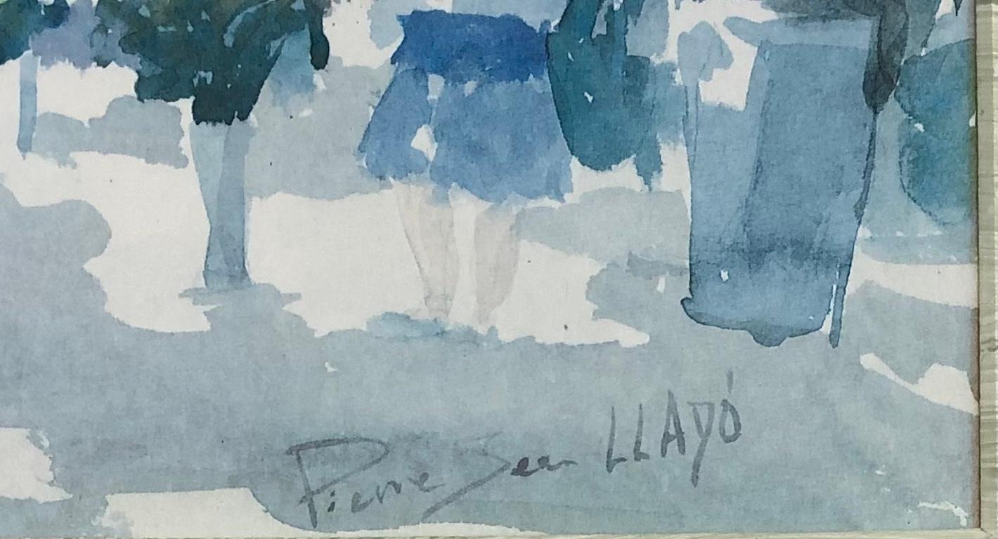 French Watercolor Painting Signed Pierre Jean Llado  Marche de Fleurs Nice In Good Condition For Sale In Miami, FL