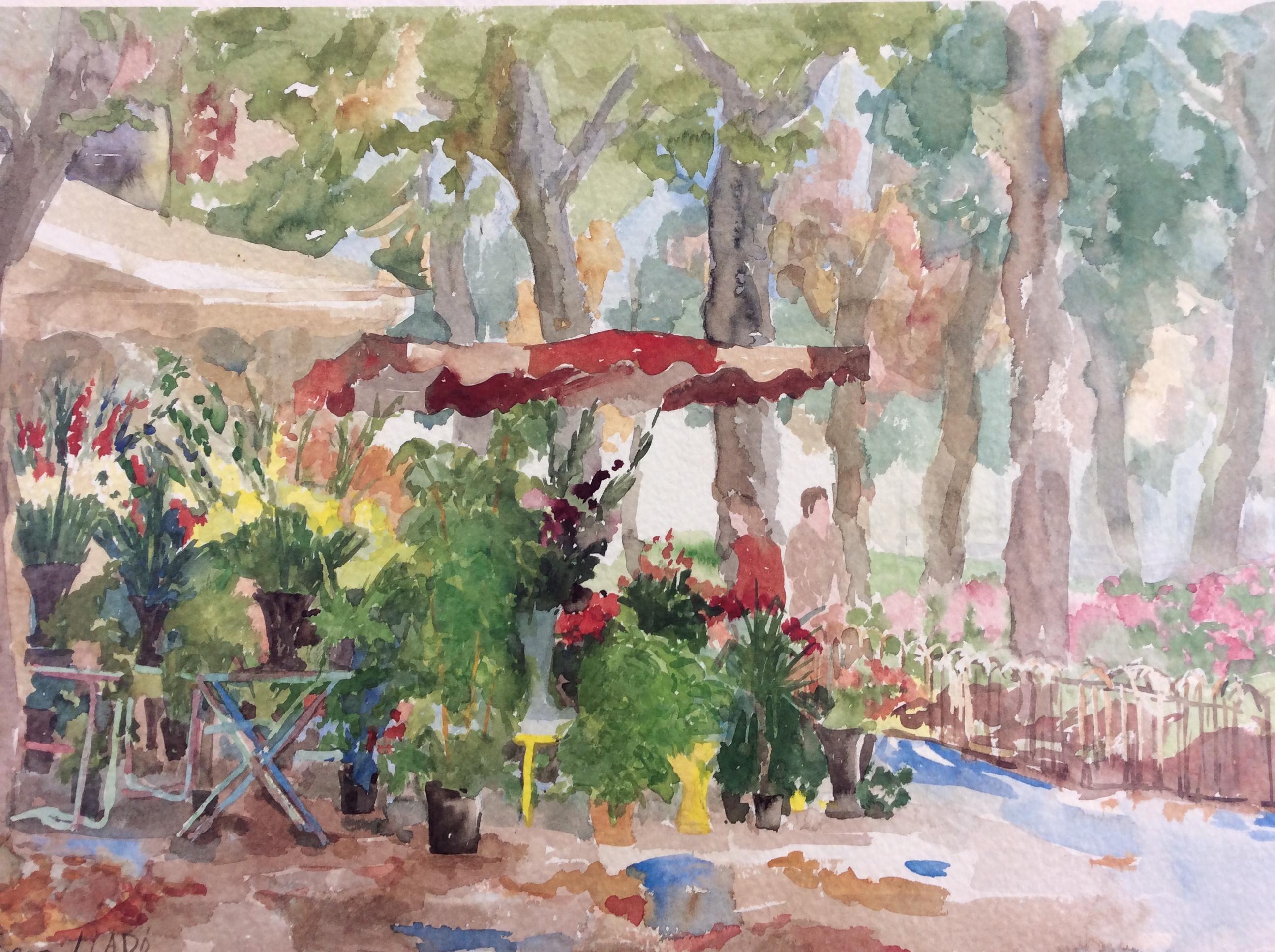 Peinture originale de paysage urbain et d'art figuratif. Cette jolie petite pièce aux couleurs très vives s'intitule 