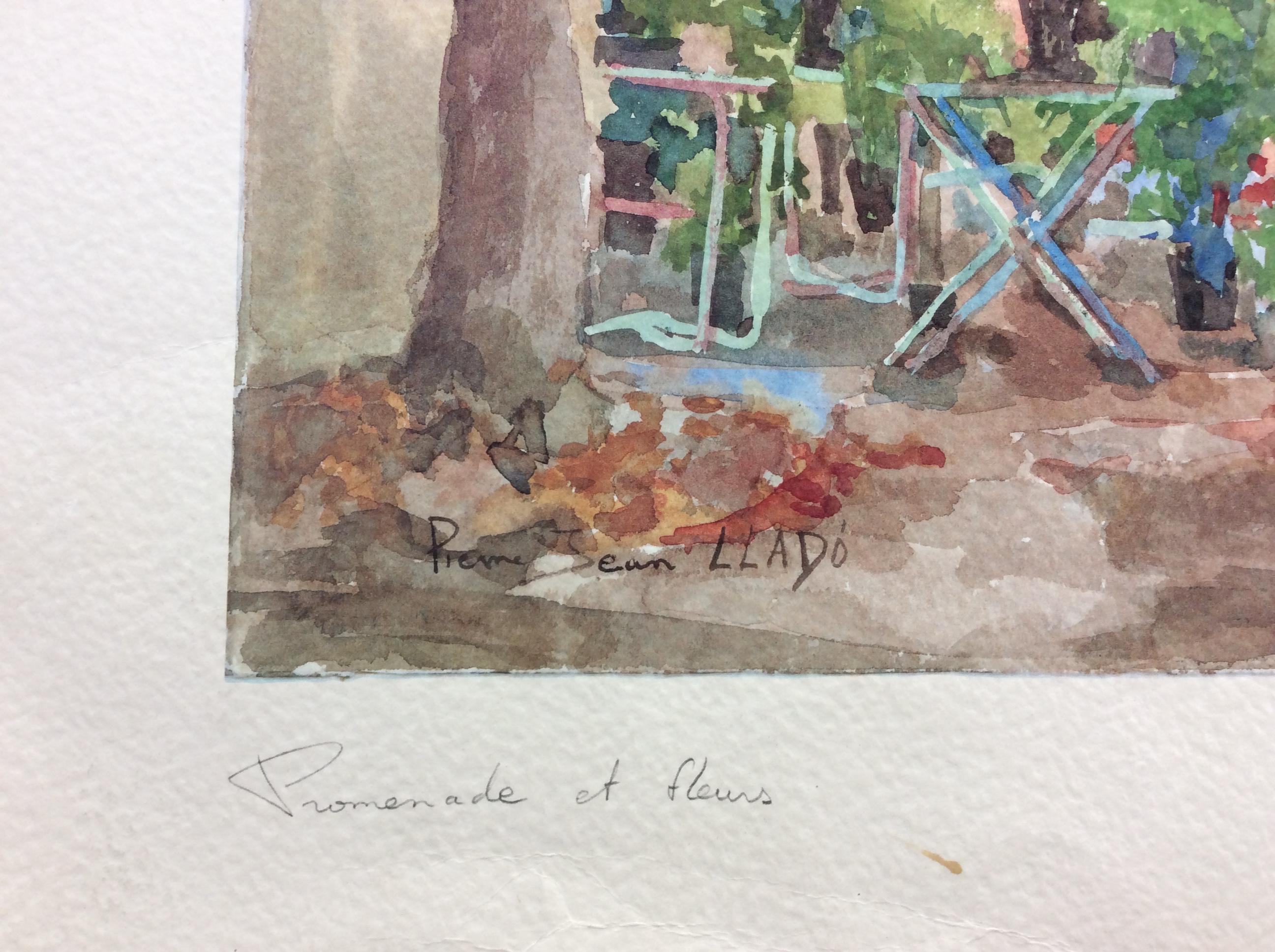 Français Aquarelle française originale intitulée « Promenade et Fleurs », signée Llado