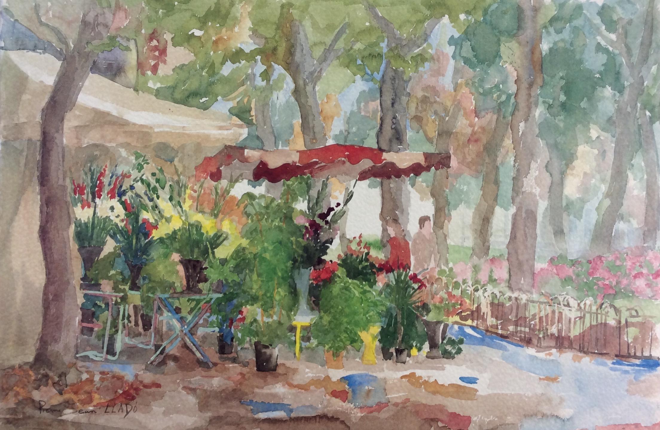 Aquarelle française originale intitulée « Promenade et Fleurs », signée Llado Bon état à Miami, FL