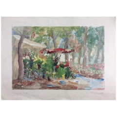 Aquarelle française originale intitulée « Promenade et Fleurs », signée Llado