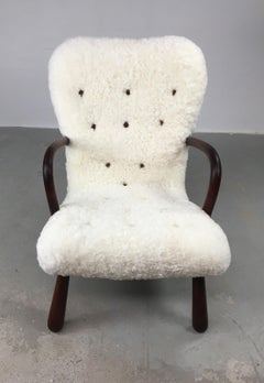 1950's Original Fully Restored Danish Clam Chair in Natural Sheepskin