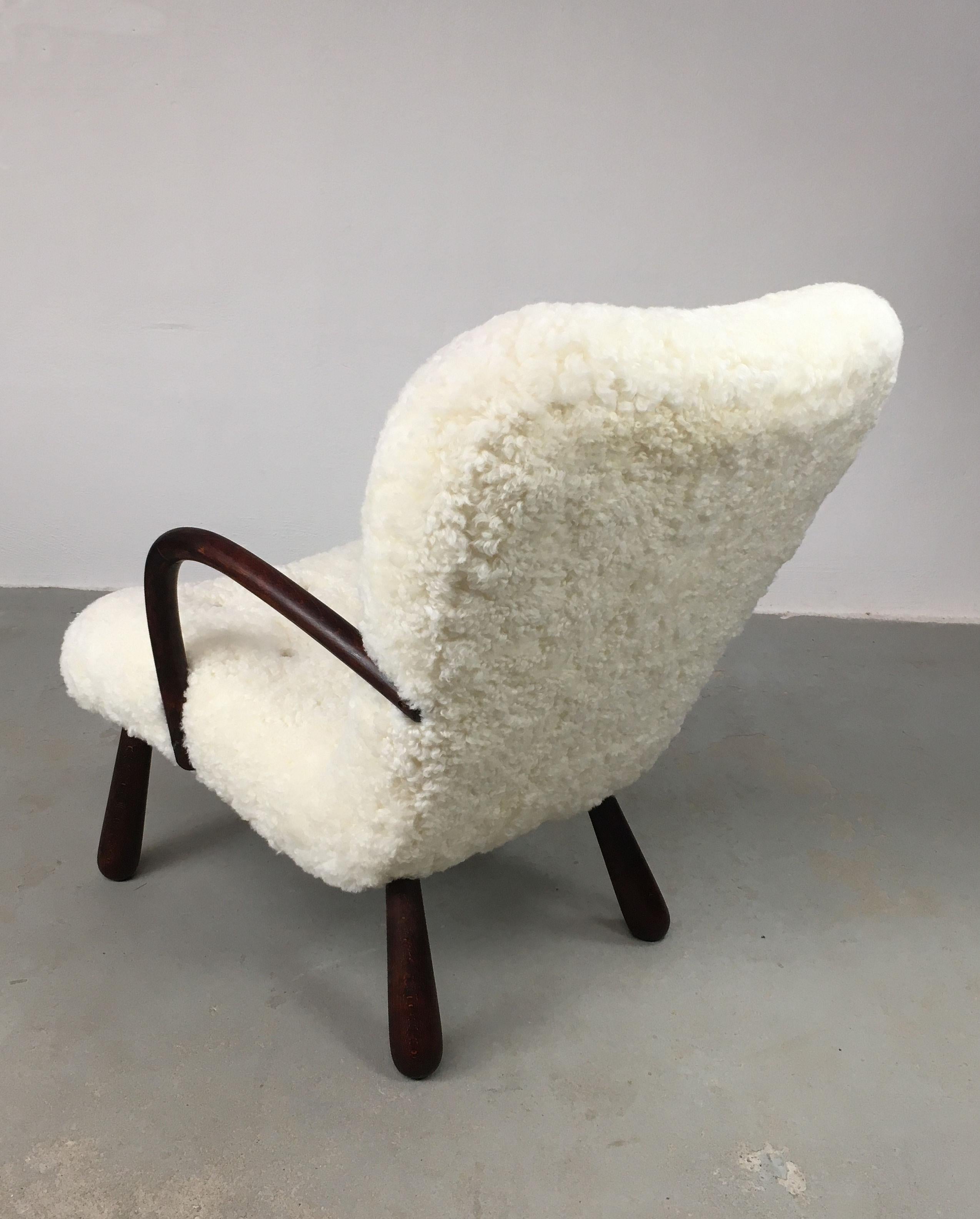Mid-20th Century 1950's Original Fully Restored Danish Clam Chair Reuphpolstered in Sheepskin  For Sale