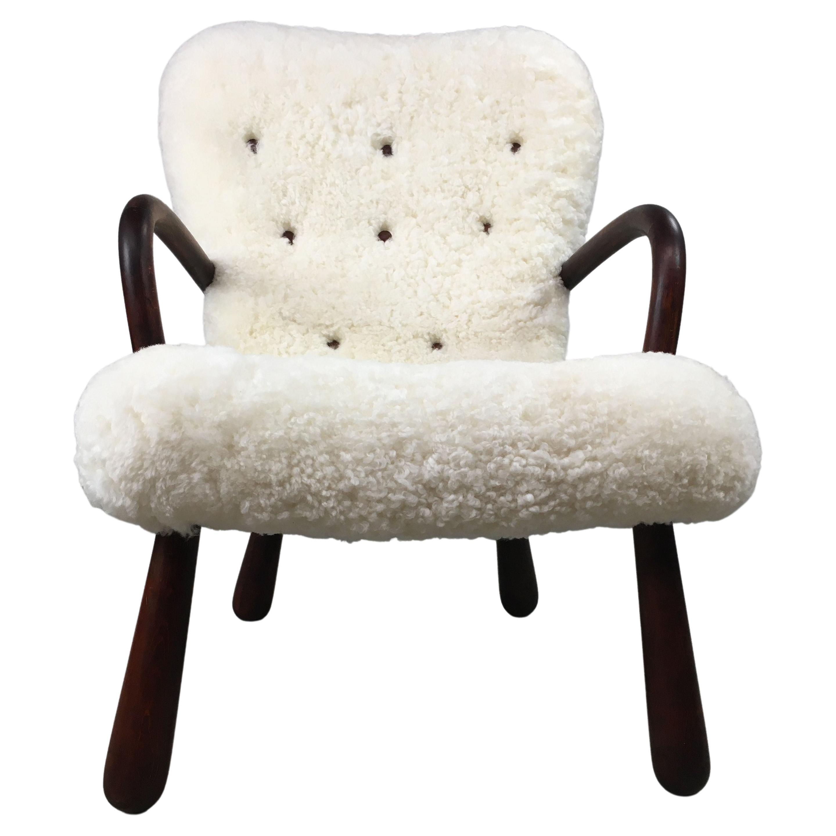 1950's Original Fully Restored Danish Clam Chair Reuphpolstered in Sheepskin  For Sale
