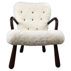 Original Fully Restored Danish Clam Chair in Sheepskin by Skive Mobelfabrik
