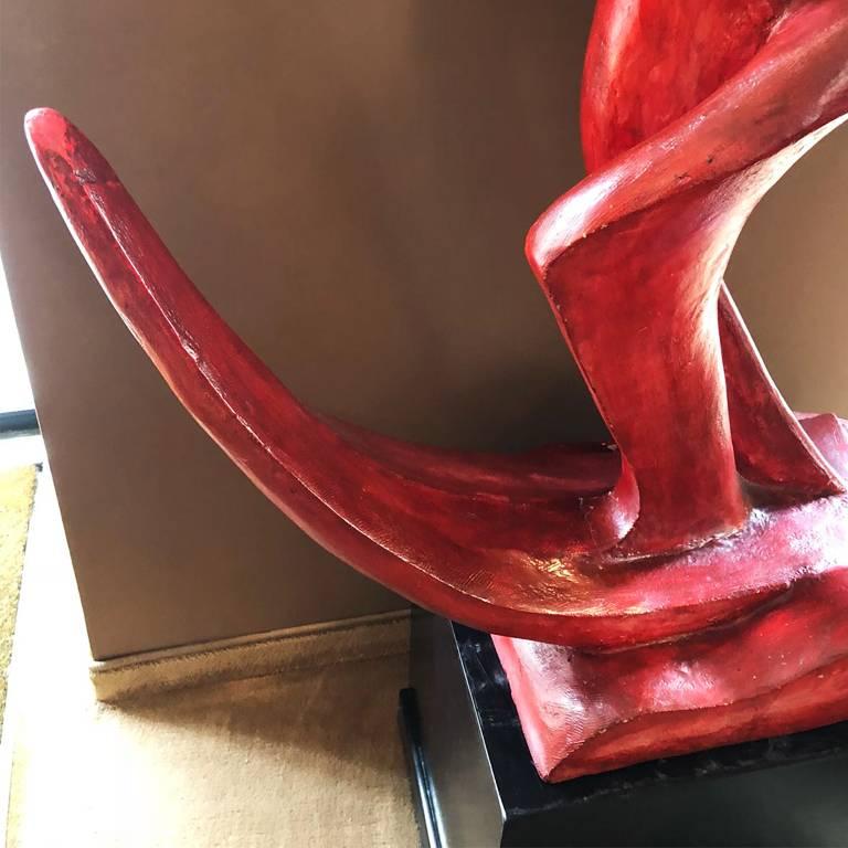 Amazing original Futurist Art Deco red sculpture in reinforced concrete signed by D. Fee
Dimensions without base: 45 cm W x 27 cm D x 120 cm H 
Dimensions with base: 51 cm W x 33 cm D x 160 cm H.

  