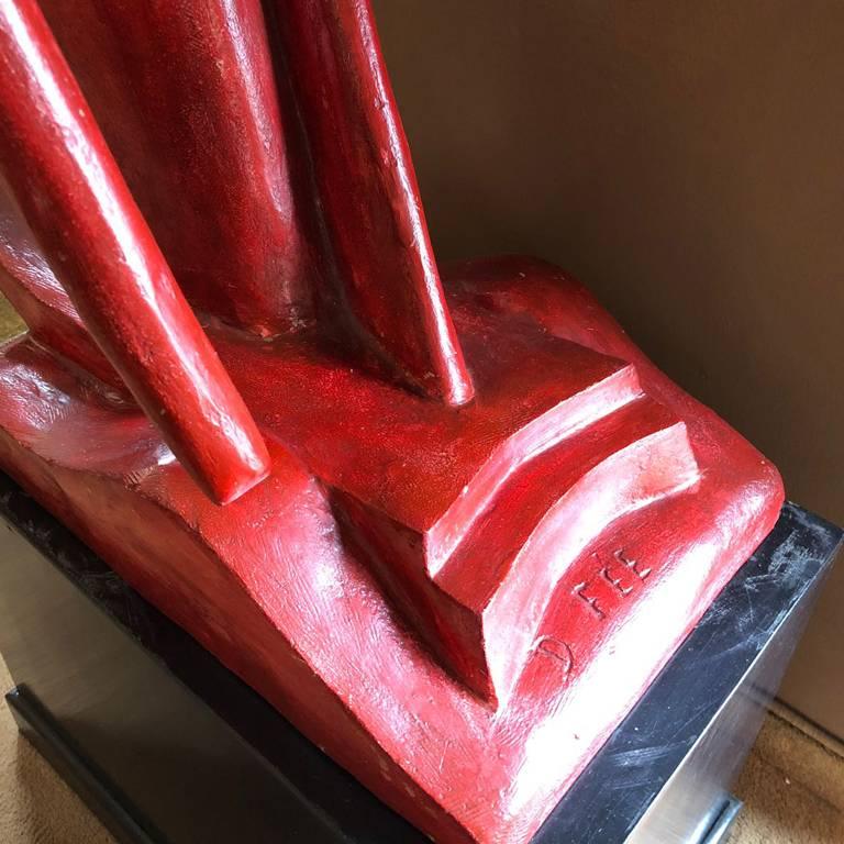 French Original Futurist Art Deco Red Sculpture in Reinforced Concrete Signed by D. Fee