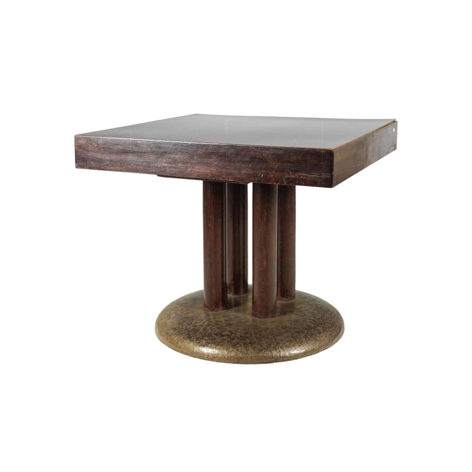 Beechwood stained, round brass-base, chased with Hammer-finish, four collumnar table-legs, on four corners extendible chips-bowls in brass - compare haberfeld table, knize tables.