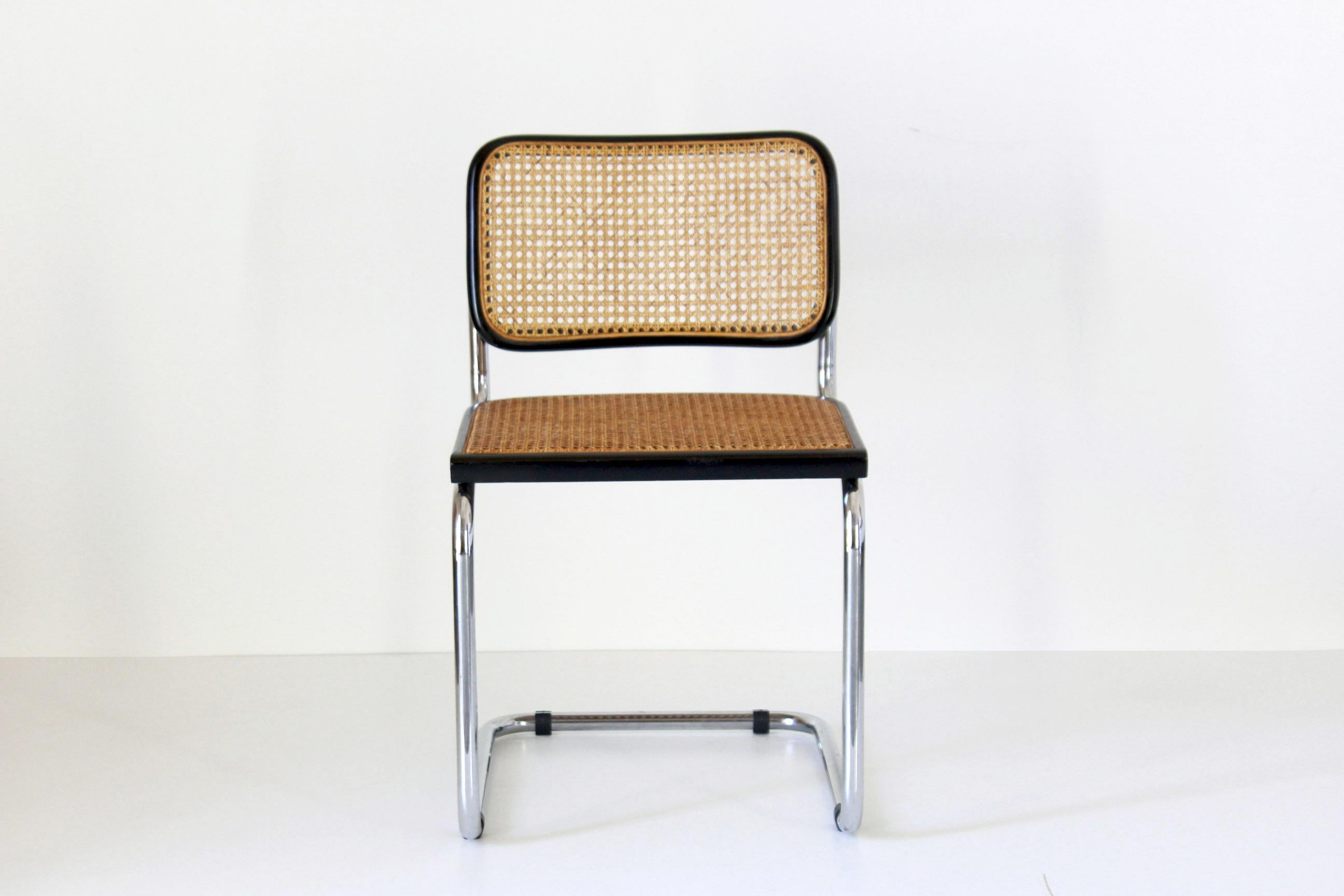 Set of six chairs, model Cesca, designed by Marcel Breuer circa 1960, by Gavina manufacturer. 
Metal pipe frame, wood seat and back structure and rattan.

In very good condition, with some sign of time and a beautiful patina. 

Size