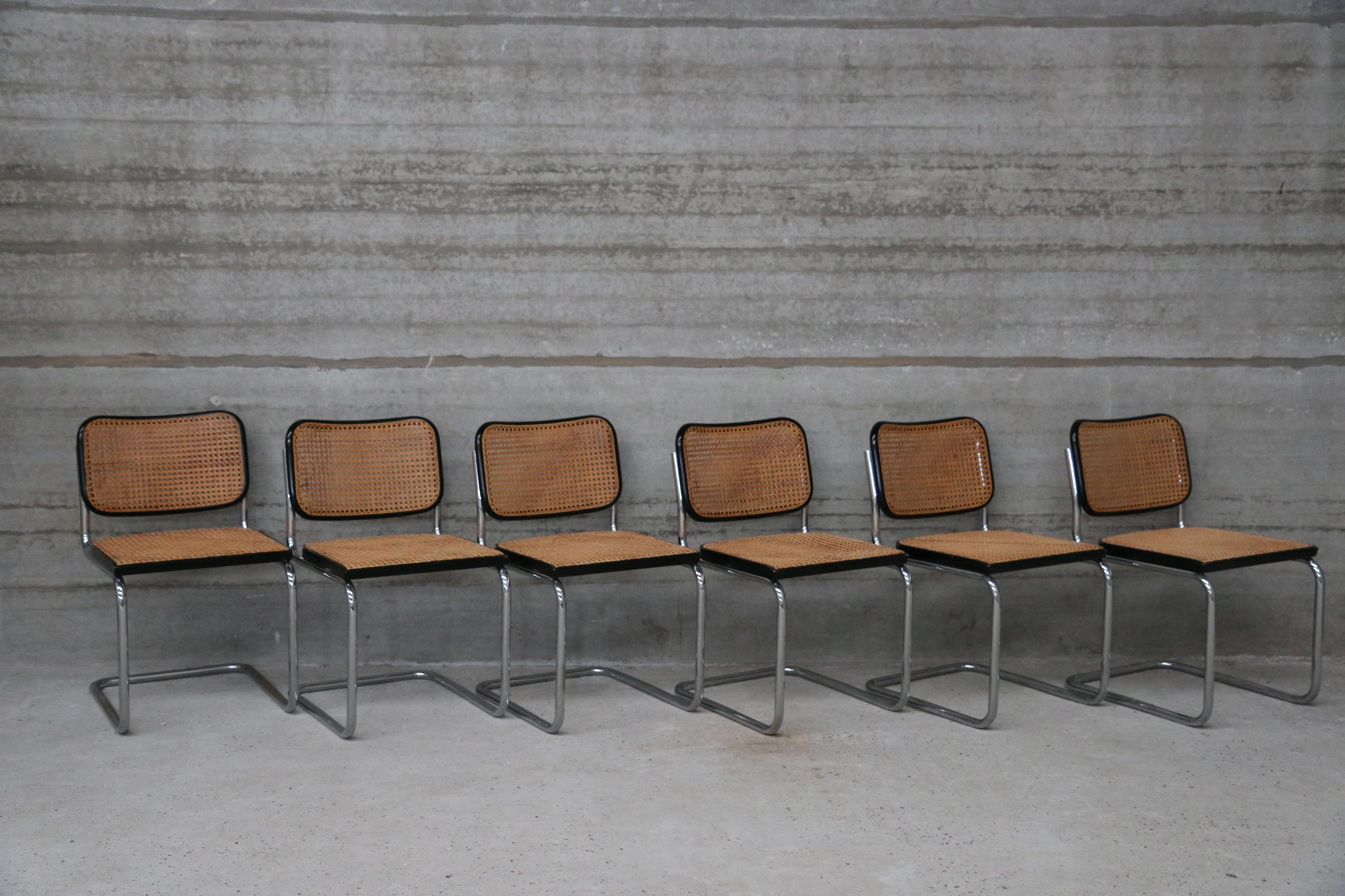 Stunning set of midcentury late 1960s Cane Cesca sidechairs originally designed by Marcel Breuer in 1928. All hand caning (see photos) and both chairs still retain markings of both Knoll and Gavina. Chrome tubular frames. Chairs are an early