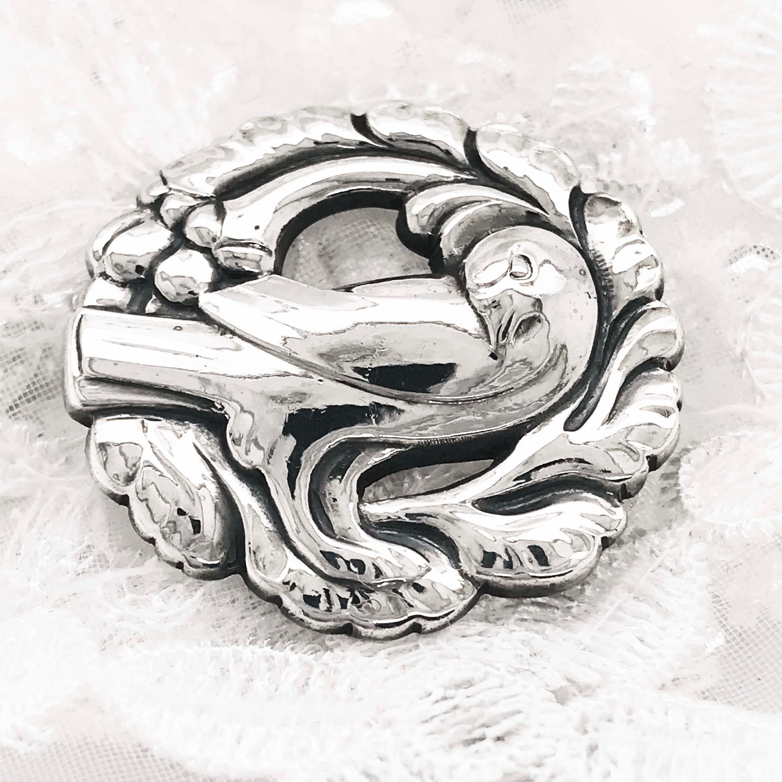 Original Georg Jensen 1945, Art Nouveau Denmark Bird Sterling Silver Bird Pin 8